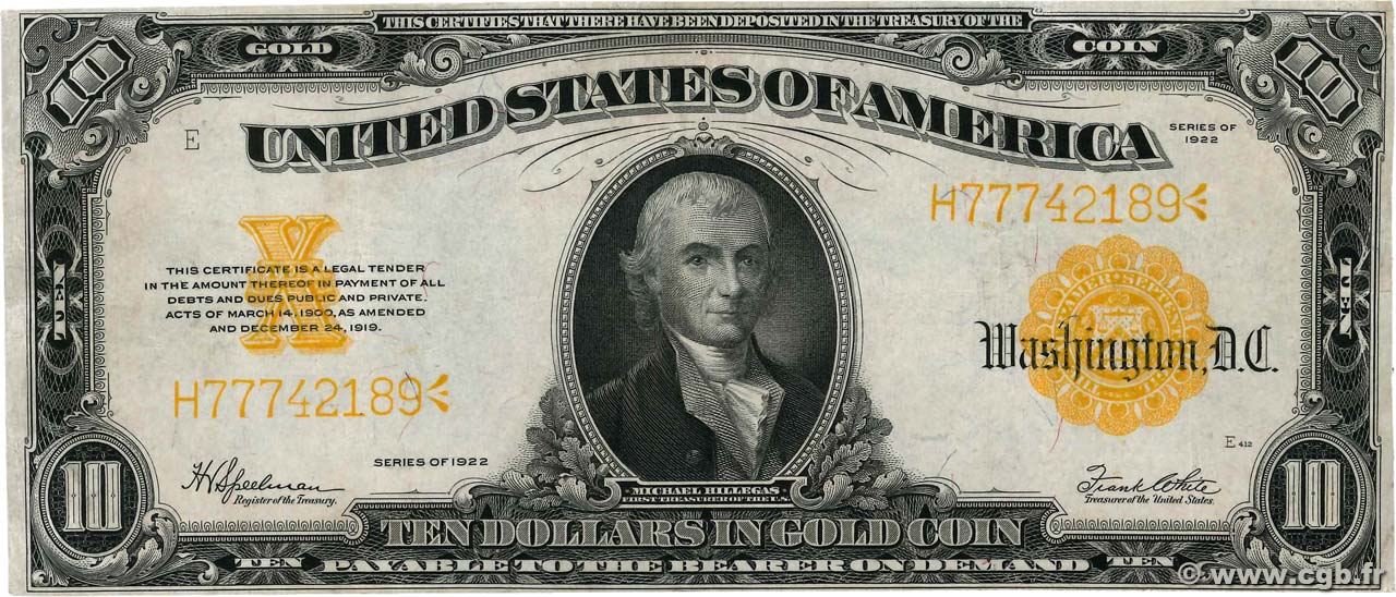 10 Dollars ÉTATS-UNIS D AMÉRIQUE  1922 P.274 TTB