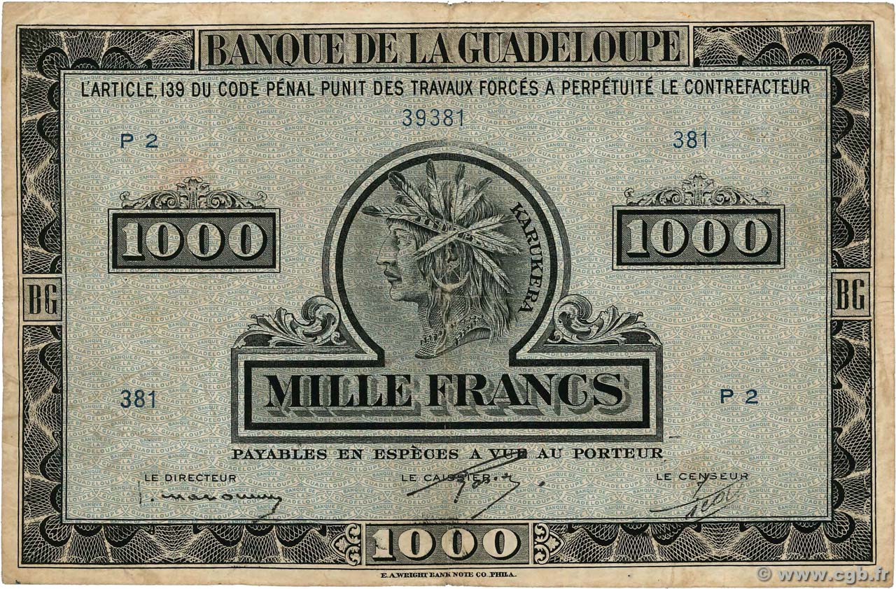 1000 Francs Karukera GUADELOUPE  1943 P.26a F-