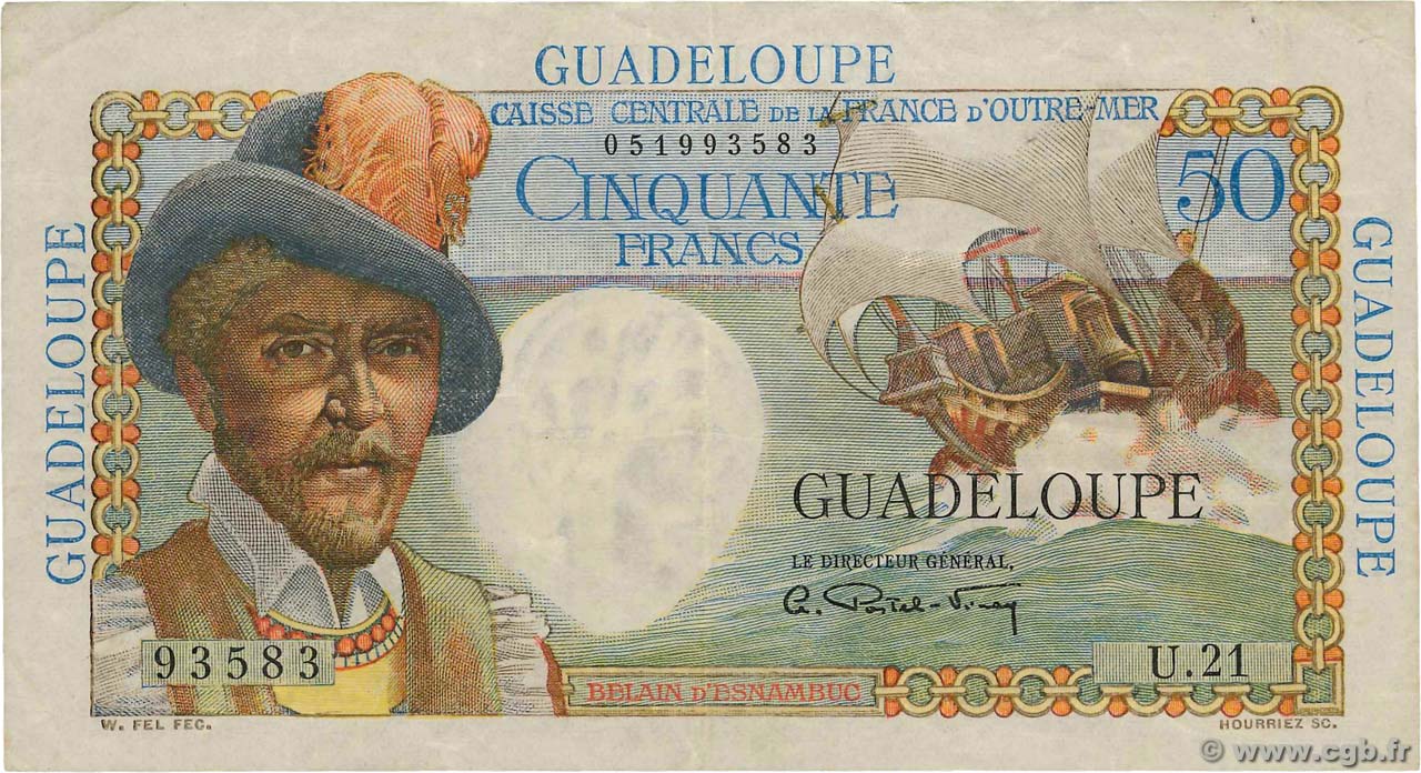 50 Francs Belain d Esnambuc GUADELOUPE  1946 P.34 MBC