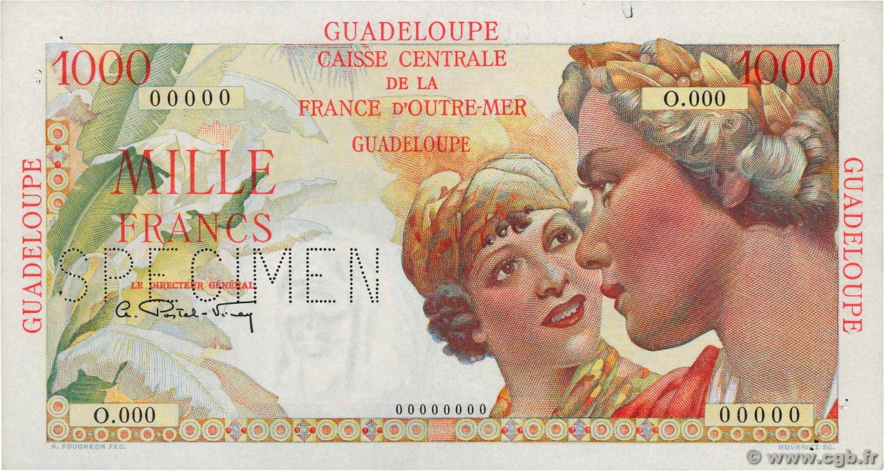 1000 Francs Union Française Spécimen GUADELOUPE  1946 P.37s XF+
