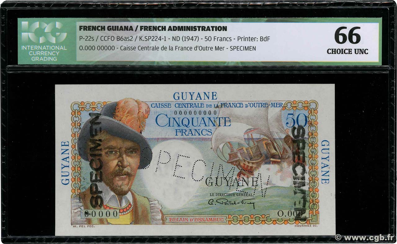50 Francs Belain d Esnambuc Spécimen FRENCH GUIANA  1946 P.22s SC+