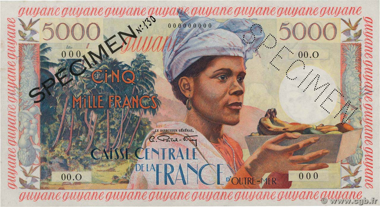5000 Francs Antillaise Spécimen FRENCH GUIANA  1960 P.28s SC