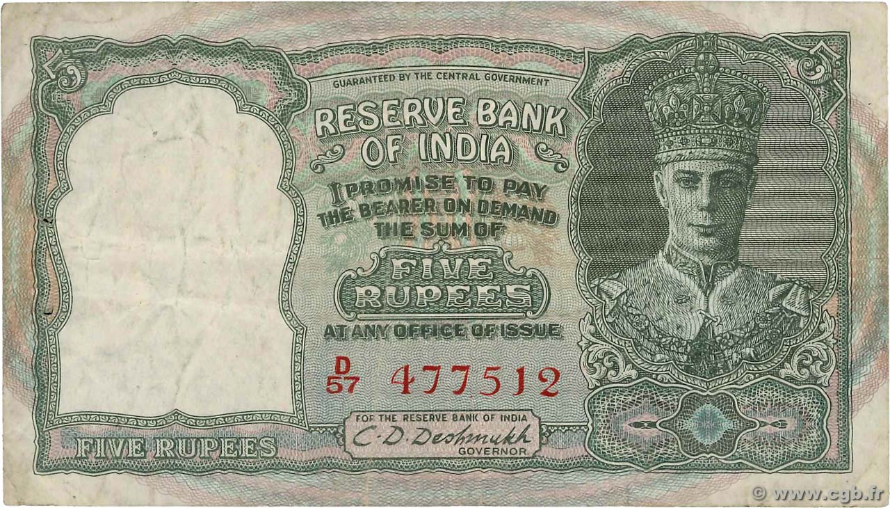 5 Rupees INDIA
  1943 P.023b MBC