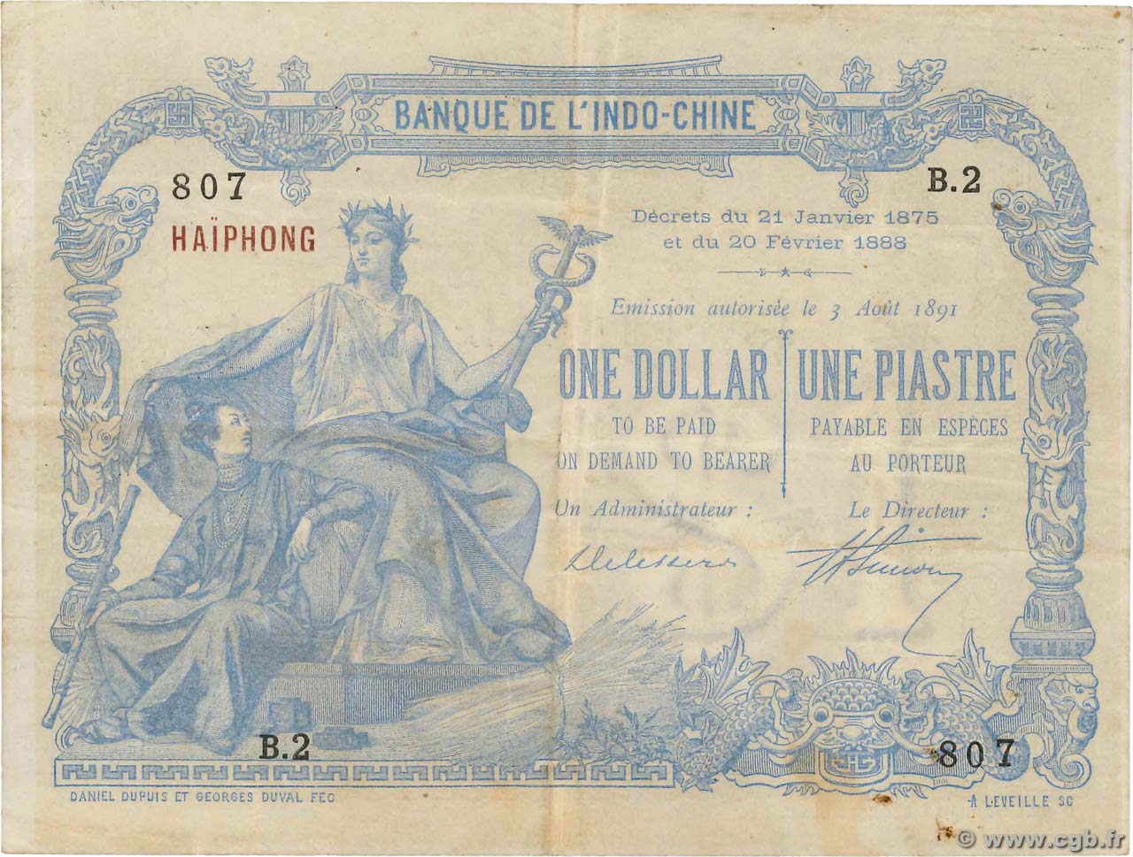 1 Dollar - 1 Piastre bleu INDOCHINA Haïphong 1891 P.002 MBC