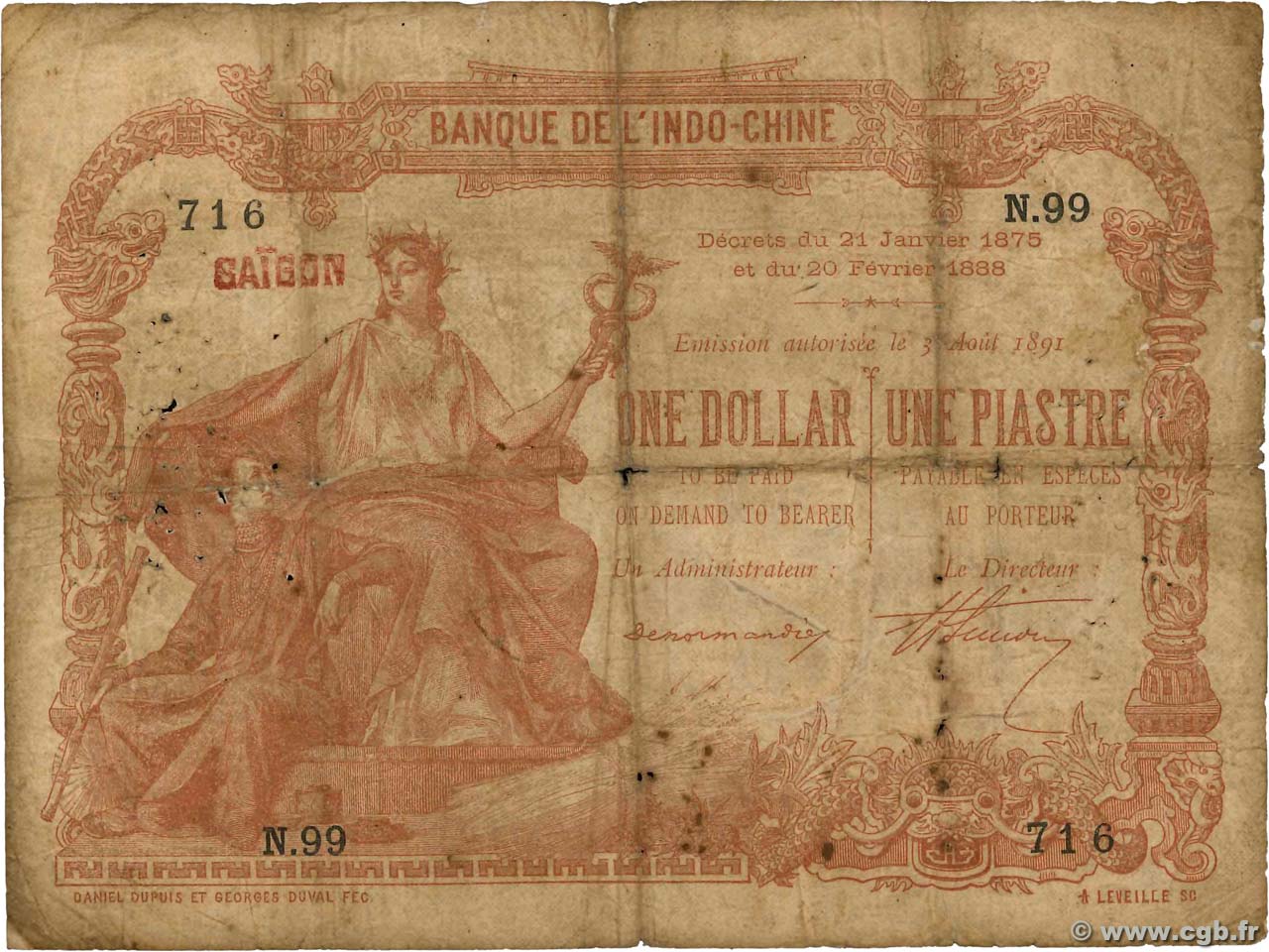 1 Dollar - 1 Piastre marron INDOCHINE FRANÇAISE Saïgon 1891 P.027 B+