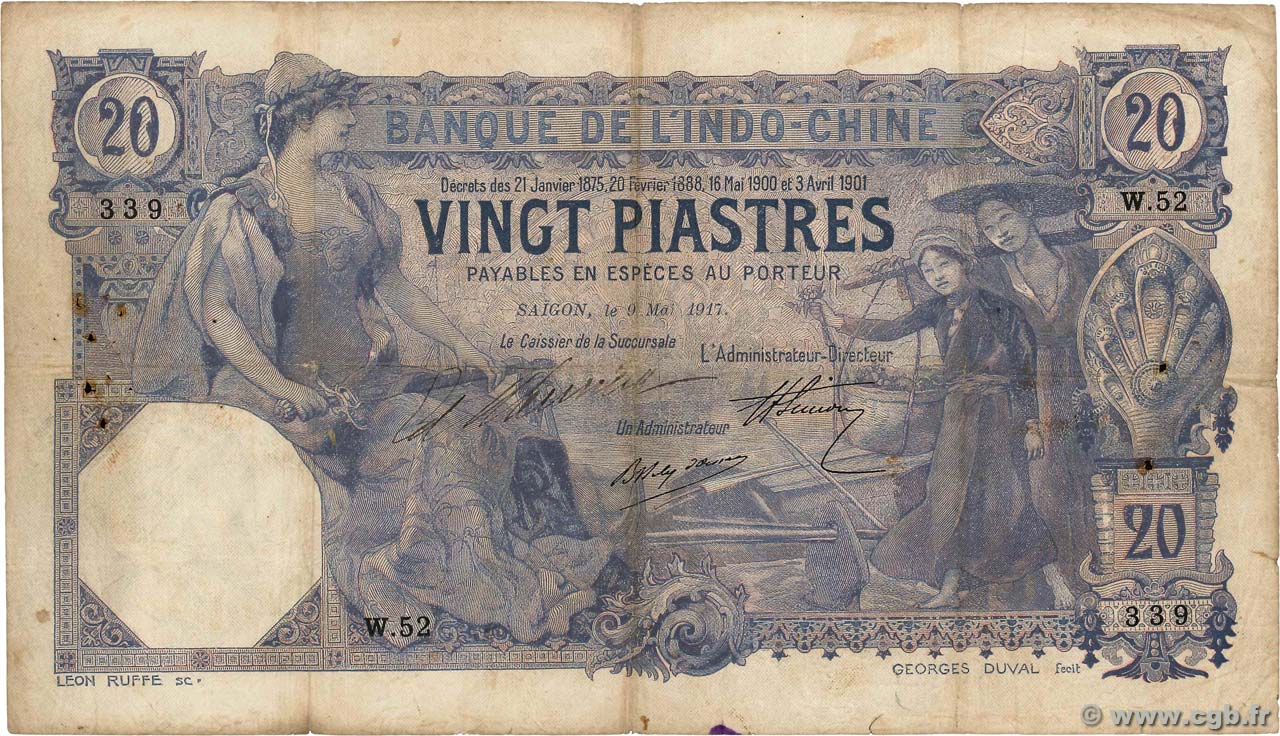 20 Piastres FRENCH INDOCHINA  1917 P.038b VG