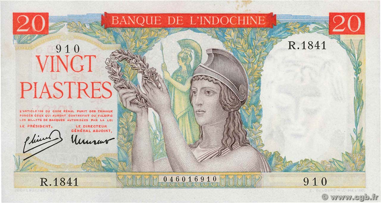 20 Piastres INDOCINA FRANCESE  1949 P.081a SPL+