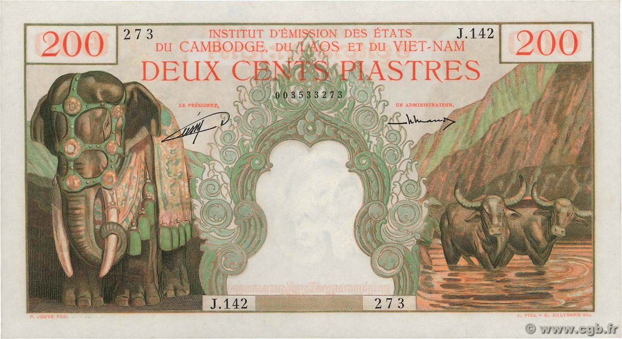 200 Piastres - 200 Riels FRENCH INDOCHINA  1953 P.098 XF+