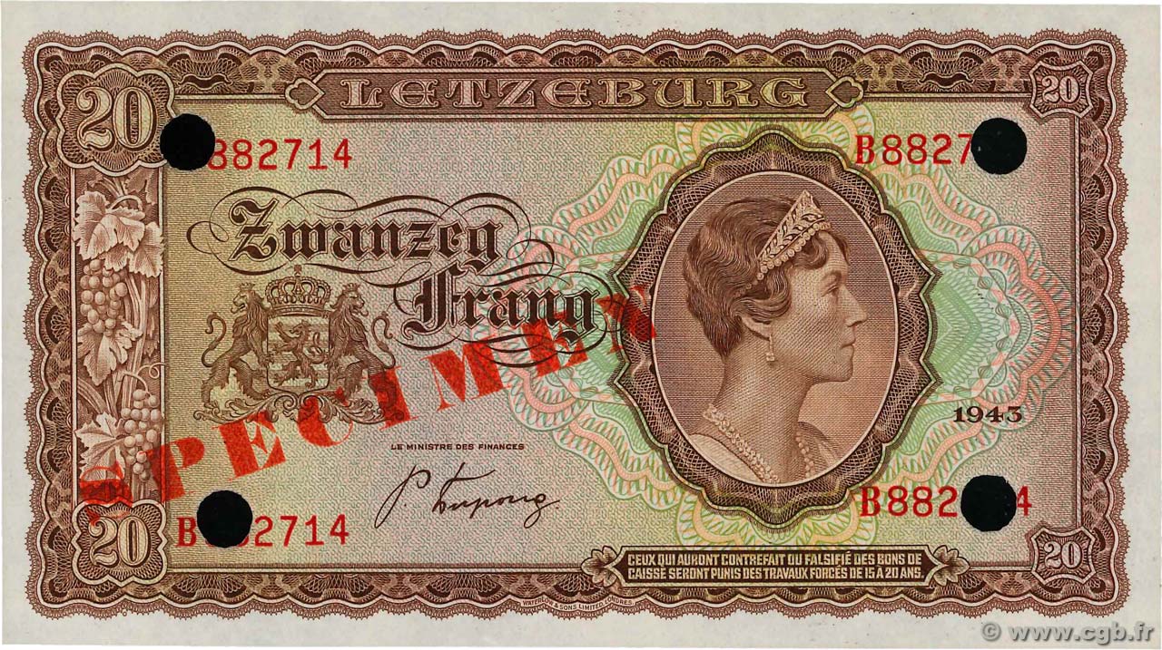 20 Francs Spécimen LUXEMBOURG  1943 P.42s pr.NEUF