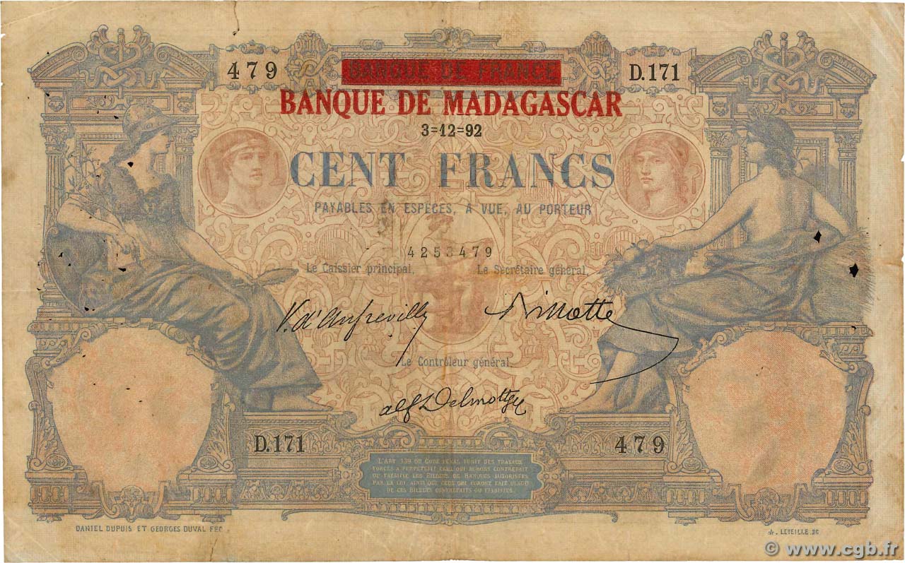 100 Francs MADAGASCAR  1892 P.034 pr.TB