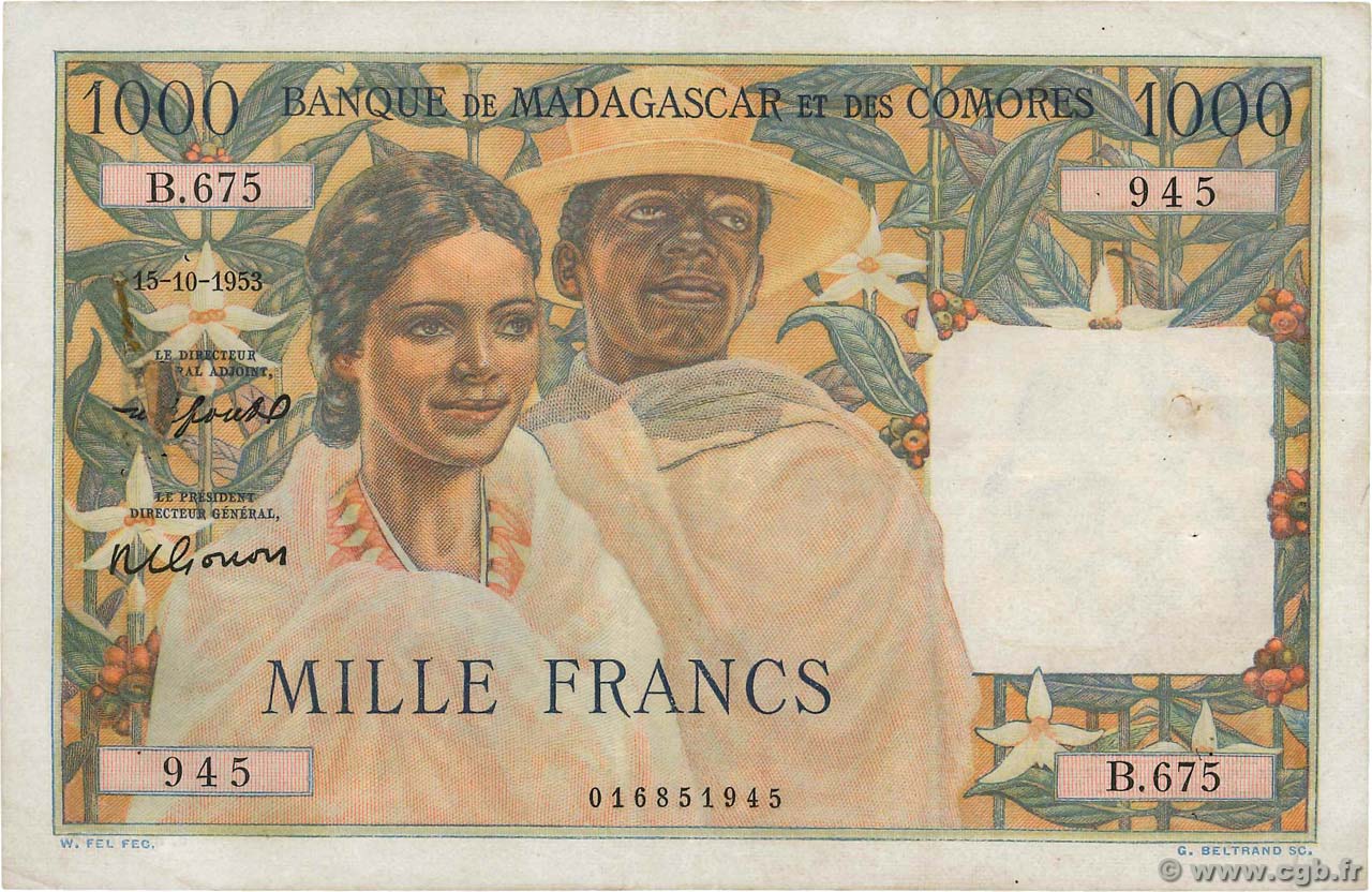 1000 Francs MADAGASCAR  1953 P.048b MBC