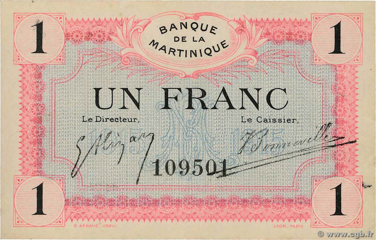 1 Franc MARTINIQUE  1919 P.10 AU-
