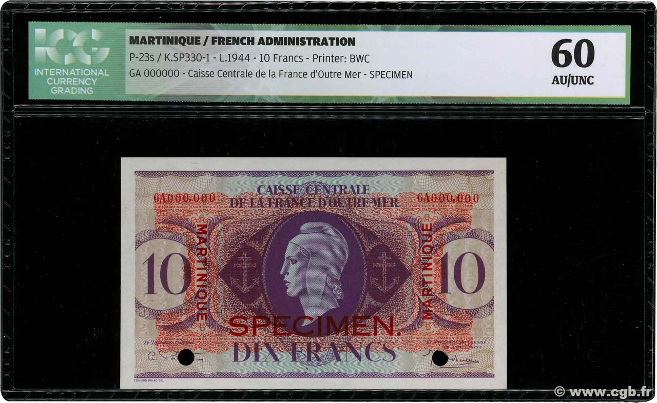 10 Francs Spécimen MARTINIQUE  1943 P.23s AU