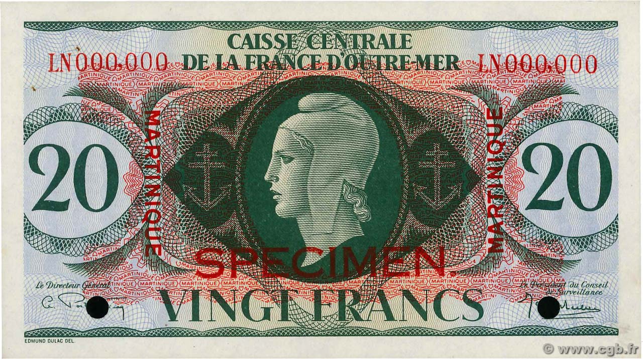 20 Francs Spécimen MARTINIQUE  1943 P.24s AU