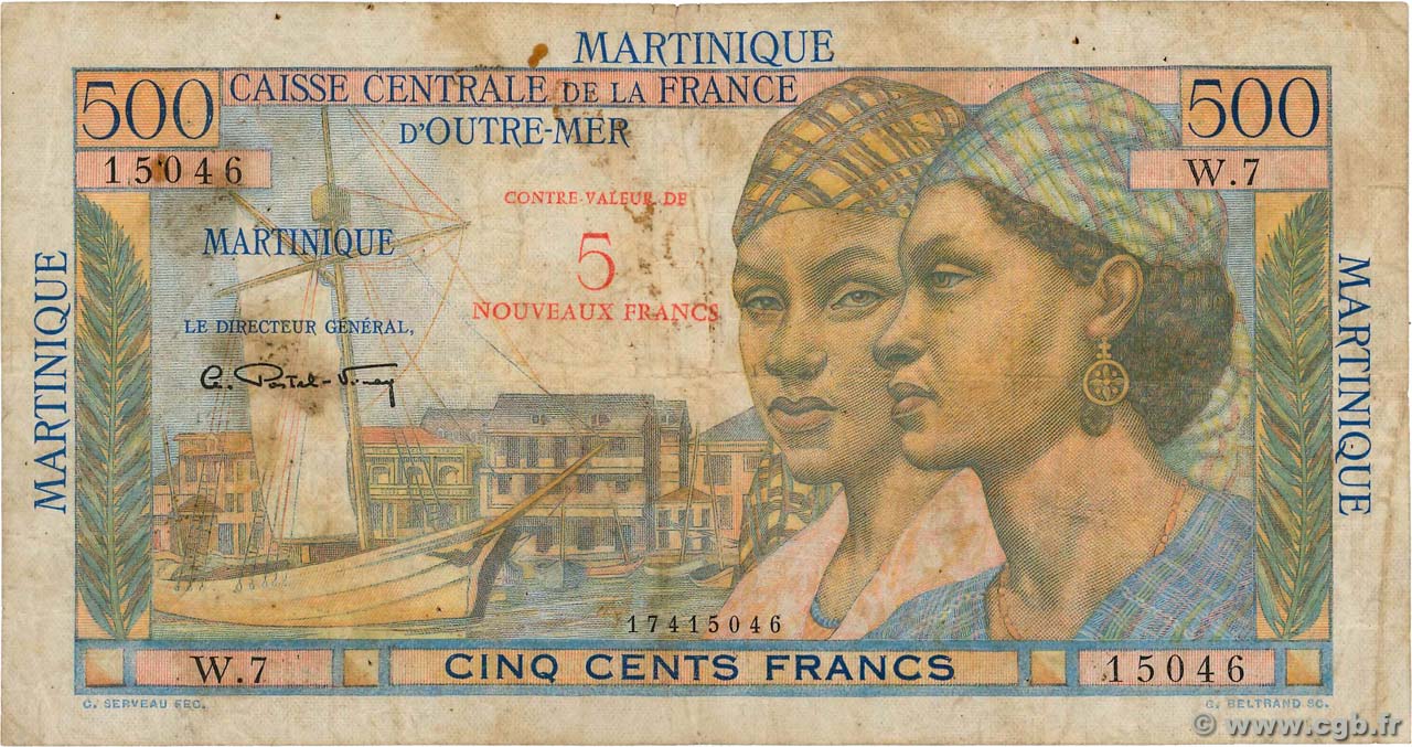 5 NF sur 500 Francs Pointe à pitre MARTINIQUE  1960 P.38 VG