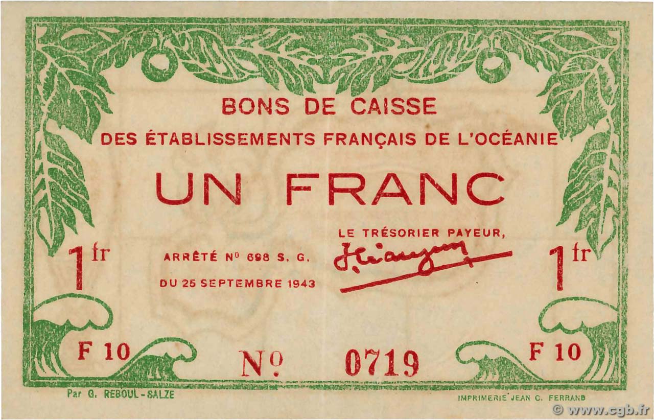 1 Franc OCÉANIE  1943 P.11c SPL
