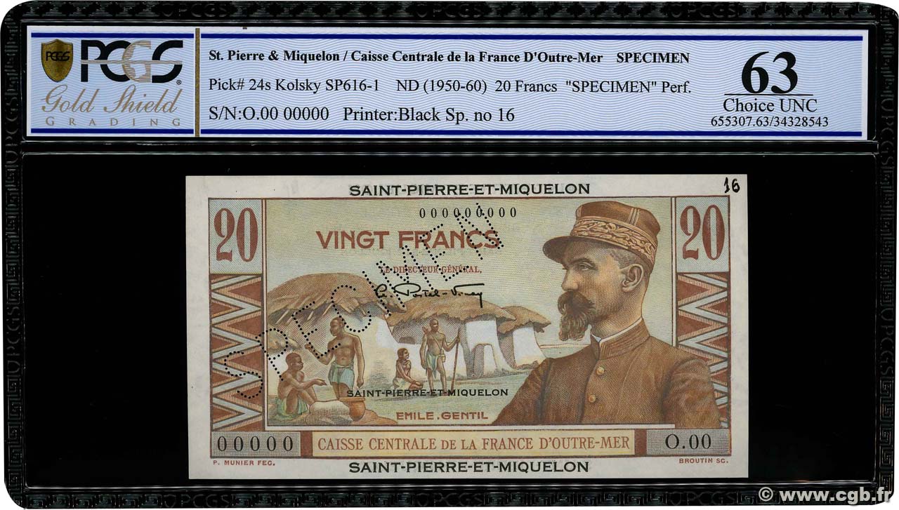 20 Francs Émile Gentil Spécimen SAN PEDRO Y MIGUELóN  1946 P.24s SC+