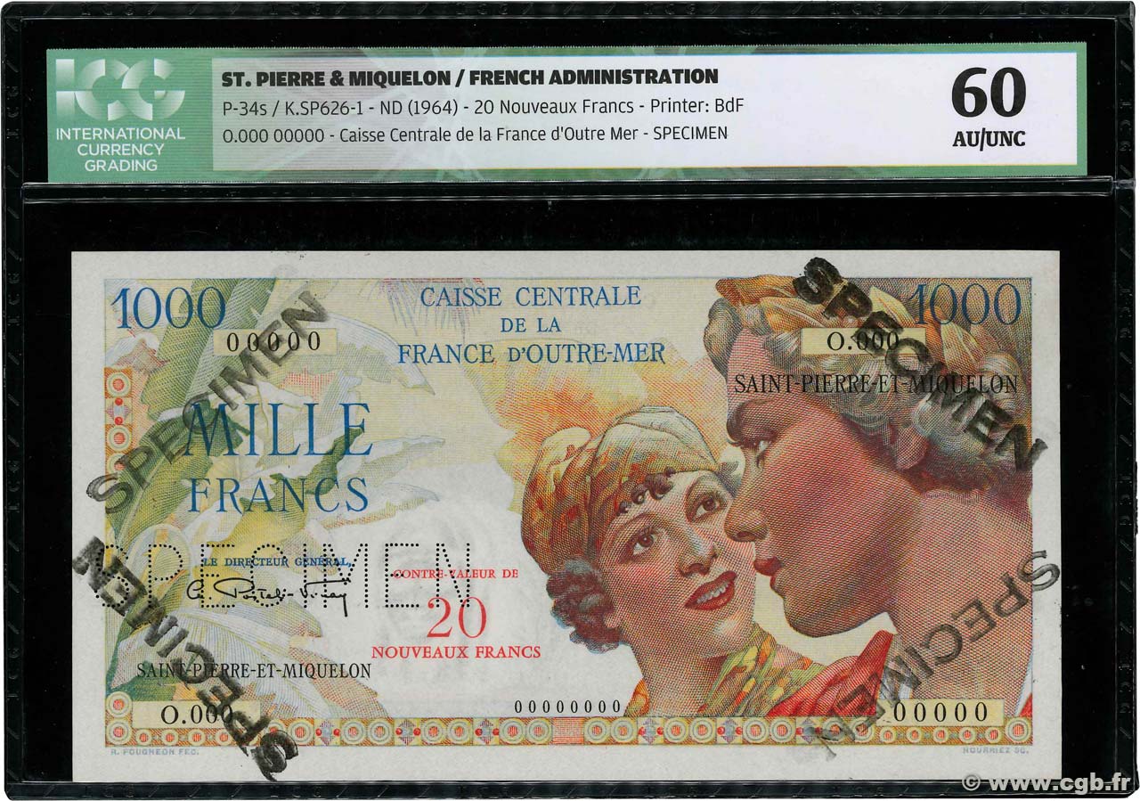 20 NF sur 1000 Francs Union Française Spécimen SAINT-PIERRE UND MIQUELON  1960 P.34s fST+