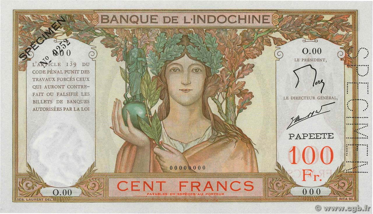 100 Francs Spécimen TAHITI  1961 P.14ds NEUF