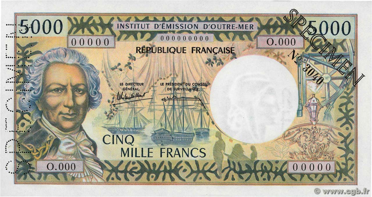 5000 Francs Spécimen TAHITI Papeete 1985 P.28ds UNC