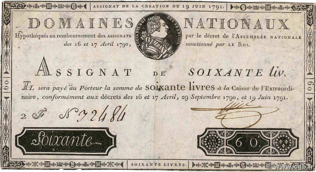 60 Livres Faux FRANCE  1791 Ass.14x TB