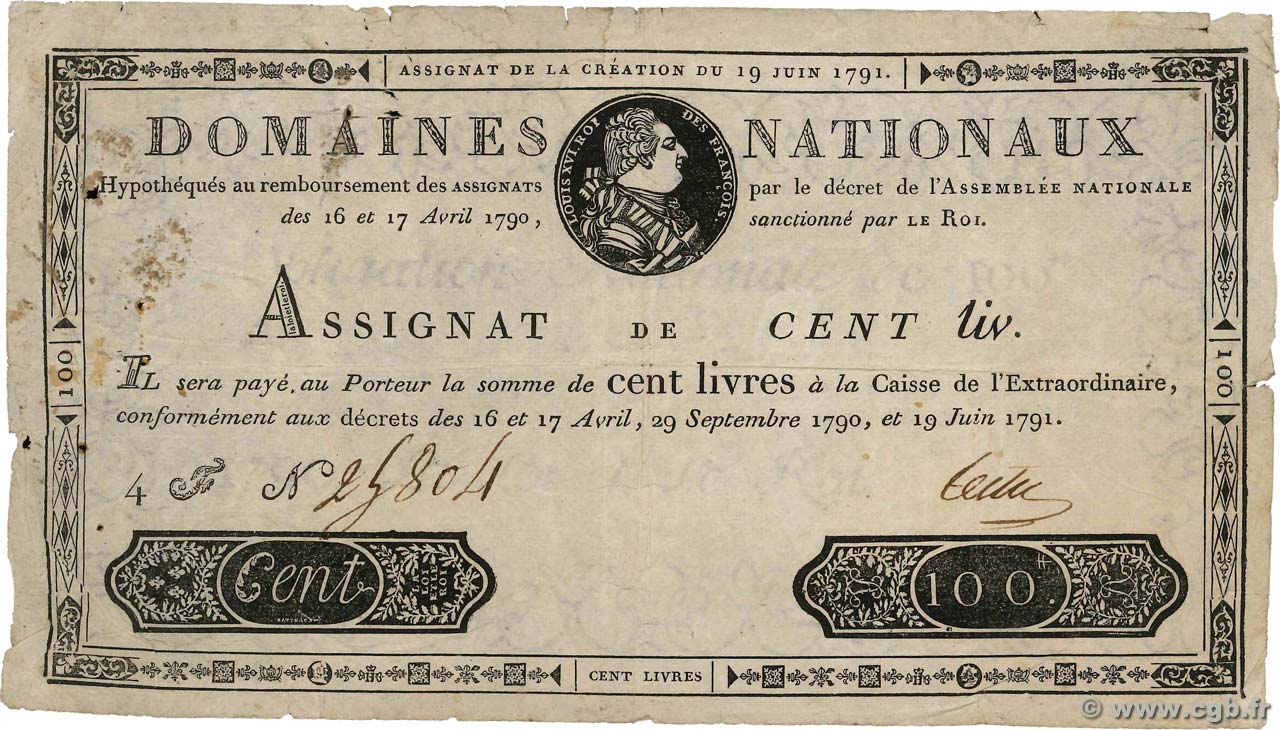 100 Livres FRANCE  1791 Ass.15a F-