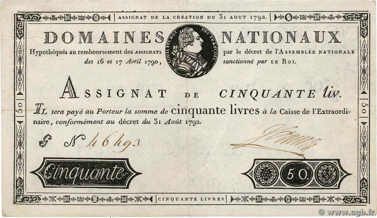 50 Livres FRANCE  1792 Ass.32a TTB