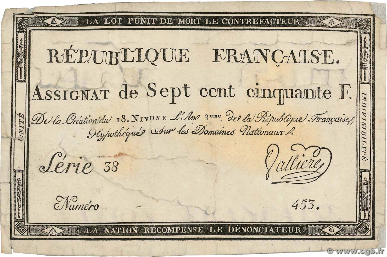 750 Francs FRANKREICH  1795 Ass.49a fS