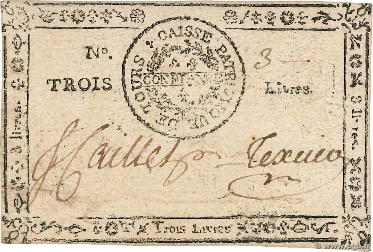 3 Livres FRANCE Regionalismus und verschiedenen Tours 1792 Kc.37.029 SS