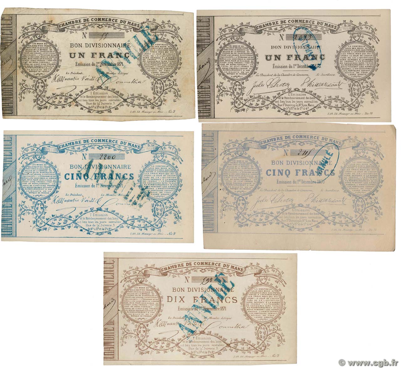 1 à 10 Francs Annulé FRANCE Regionalismus und verschiedenen Le Mans 1870 JER.72.01 S