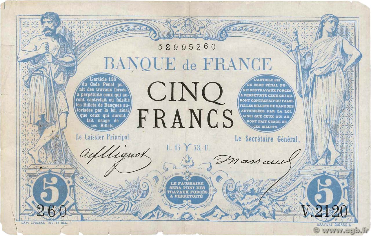 5 Francs NOIR FRANCE  1873 F.01.16 B+