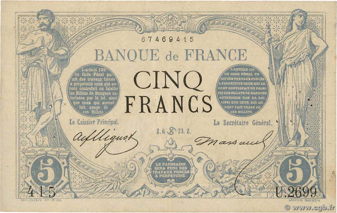 5 Francs NOIR FRANCE  1873 F.01.19 VF