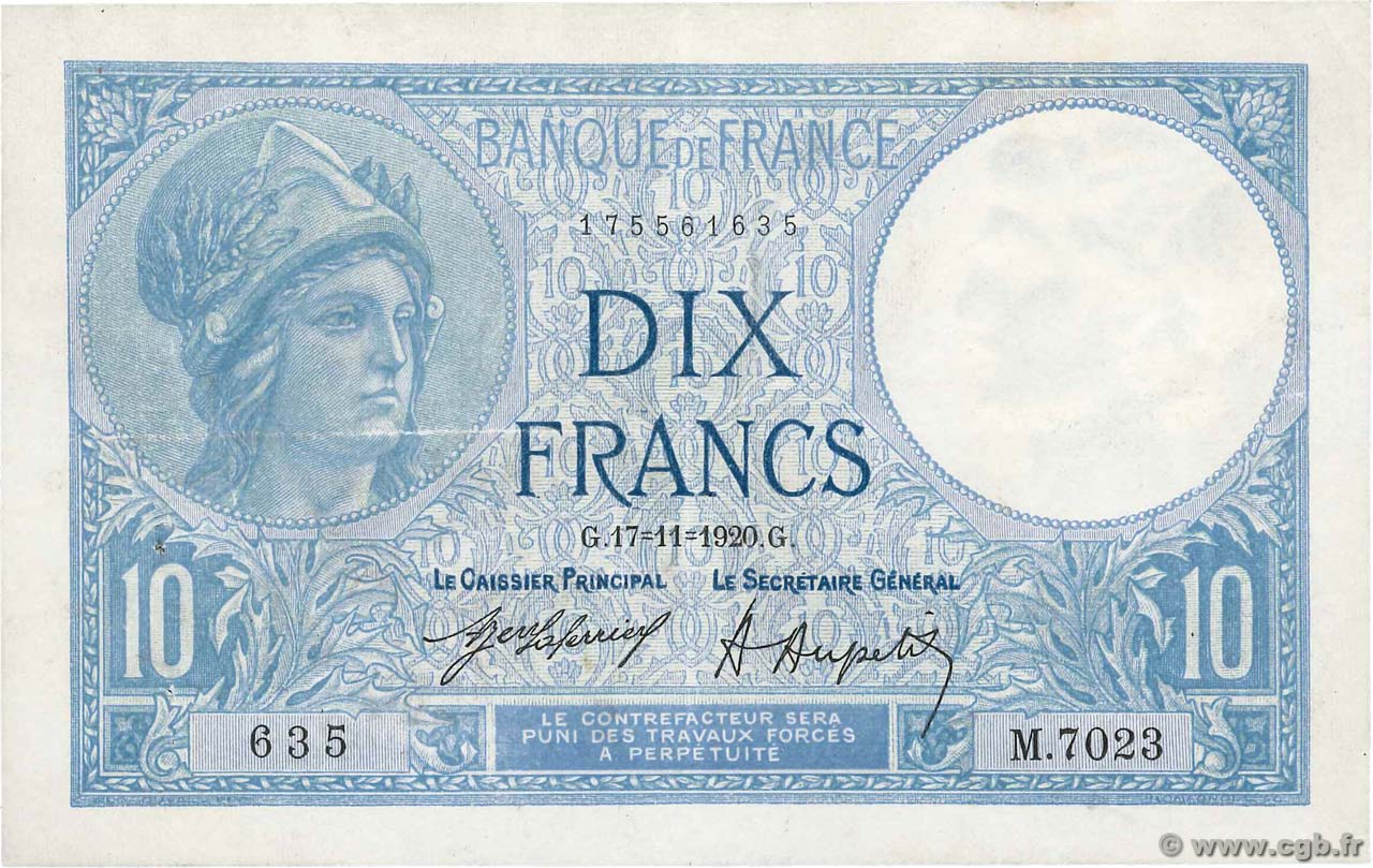 10 Francs MINERVE FRANKREICH  1920 F.06.04 fVZ