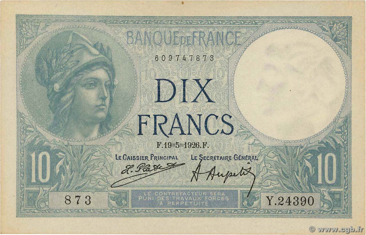 10 Francs MINERVE FRANCE  1926 F.06.10 XF+