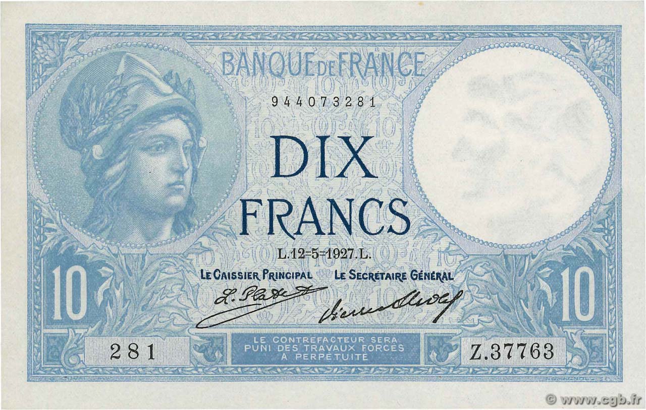10 Francs MINERVE FRANCIA  1927 F.06.12 q.FDC