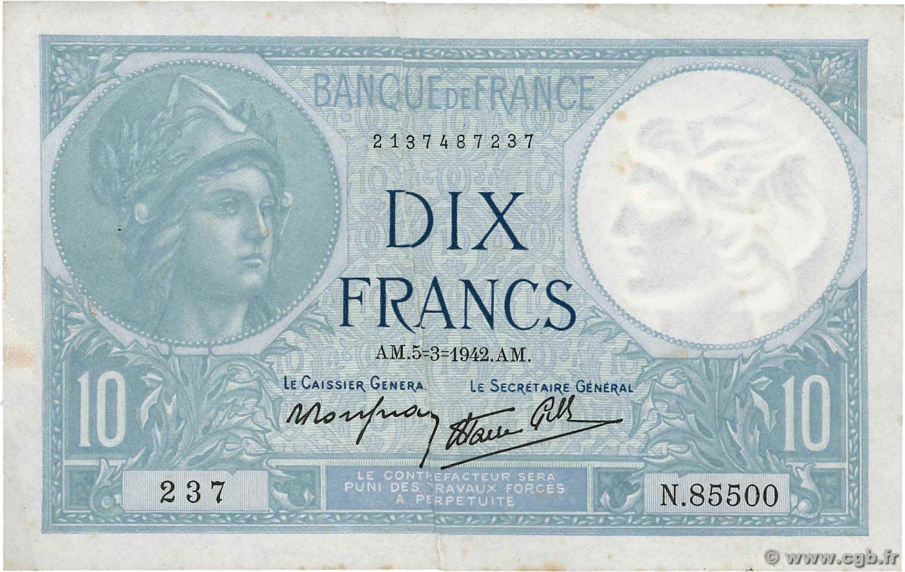10 Francs MINERVE modifié FRANCE  1942 F.07.31 TTB