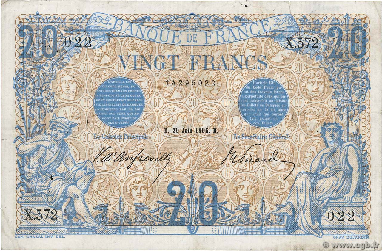 20 Francs BLEU FRANCIA  1906 F.10.01 BC+