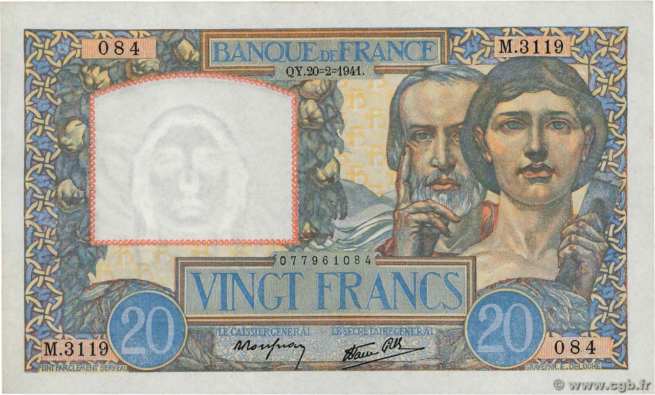 20 Francs TRAVAIL ET SCIENCE FRANCE  1941 F.12.12 XF+
