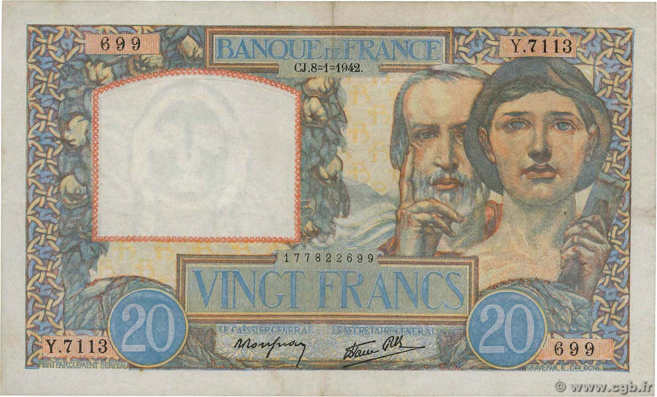 20 Francs TRAVAIL ET SCIENCE FRANKREICH  1942 F.12.21 SS