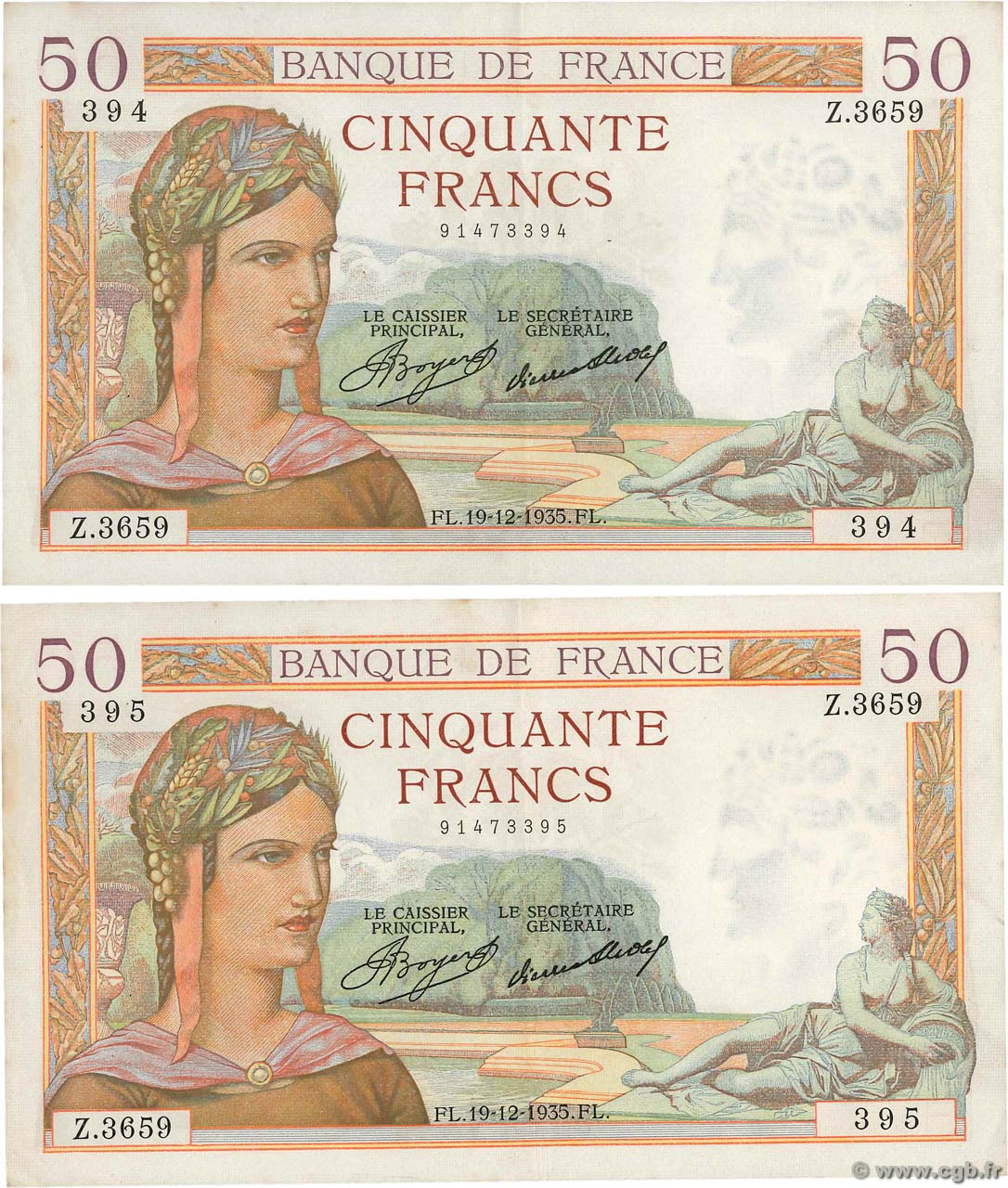 50 Francs CÉRÈS Consécutifs FRANKREICH  1935 F.17.21 VZ