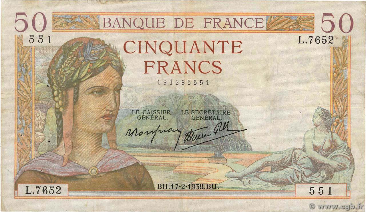 50 Francs CÉRÈS modifié FRANCE  1938 F.18.09 TB+