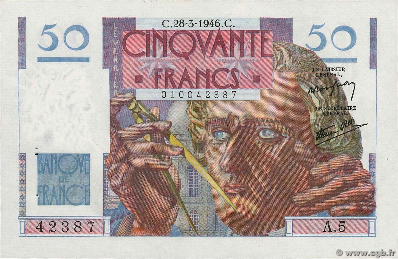 50 Francs LE VERRIER FRANCE  1946 F.20.02 AU