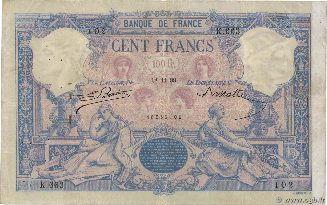 100 Francs BLEU ET ROSE FRANCE  1889 F.21.02a F