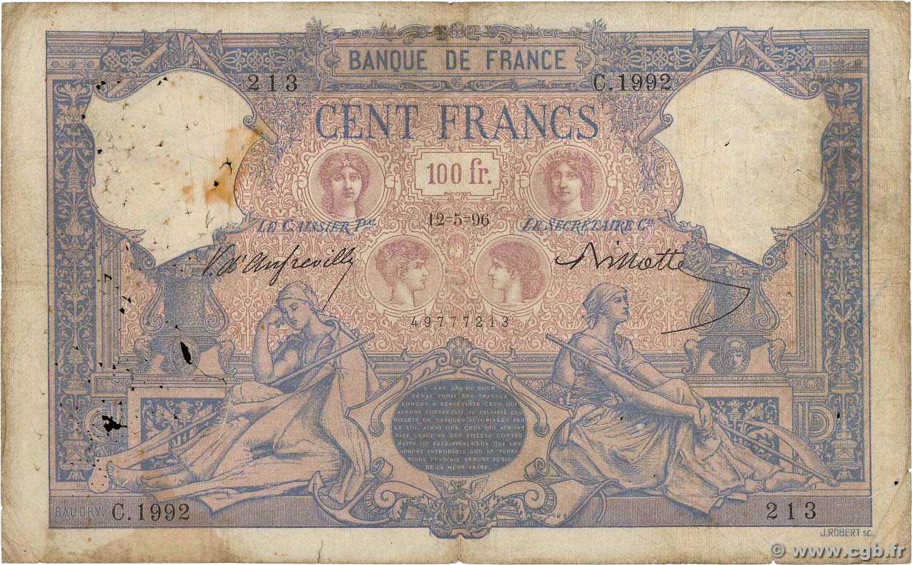 100 Francs BLEU ET ROSE FRANCE  1896 F.21.09 P