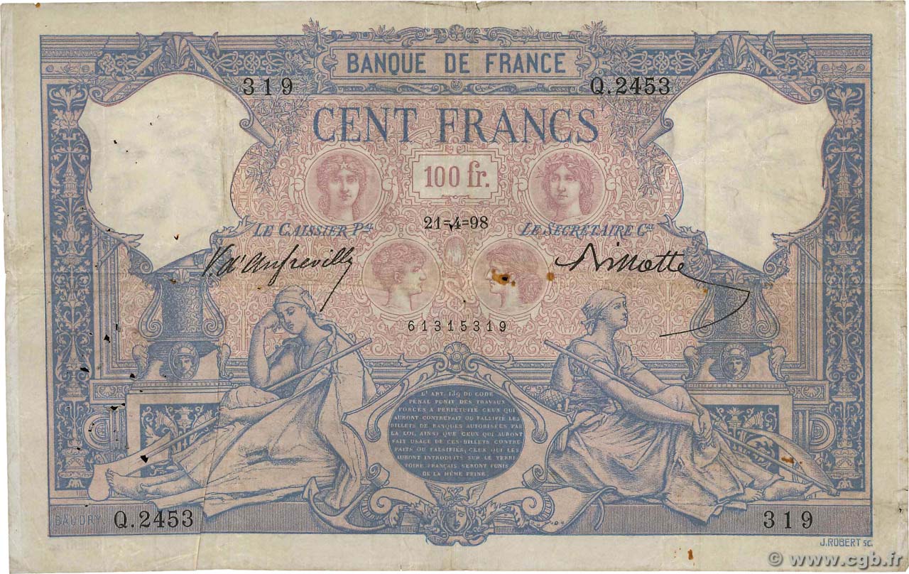 100 Francs BLEU ET ROSE FRANCIA  1898 F.21.11 BC