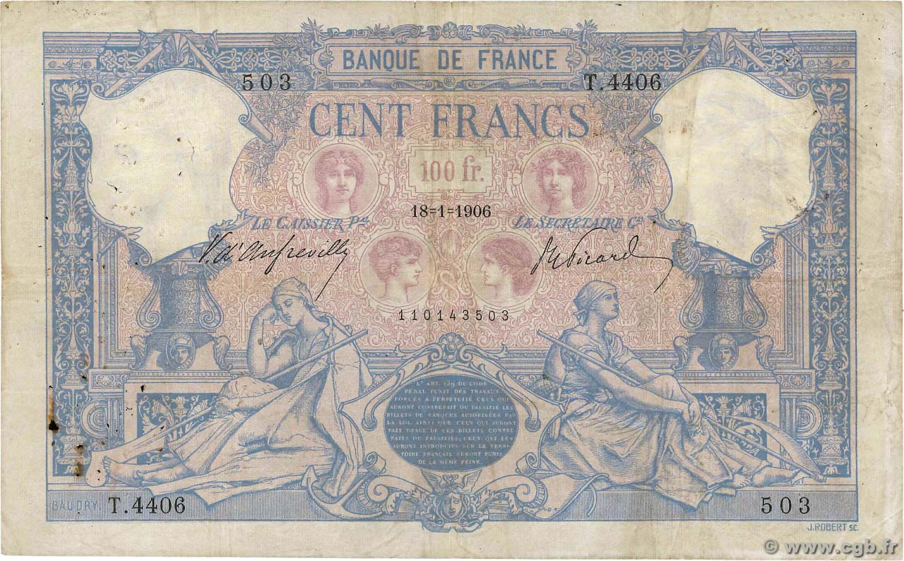 100 Francs BLEU ET ROSE FRANCE  1906 F.21.20 B+
