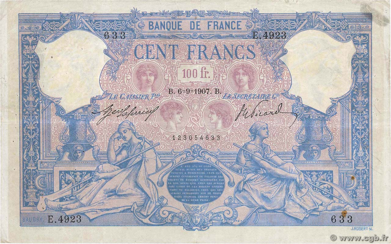 100 Francs BLEU ET ROSE FRANCE  1907 F.21.22 TB