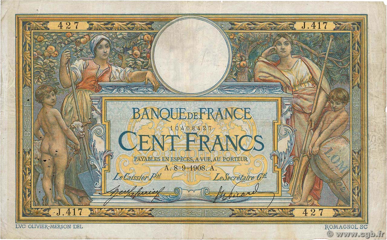 100 Francs LUC OLIVIER MERSON avec LOM FRANCE  1908 F.22.01 VG