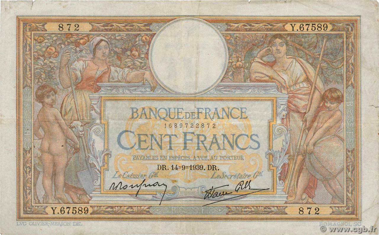 100 Francs LUC OLIVIER MERSON type modifié Grand numéro FRANCE  1939 F.25.49 TB