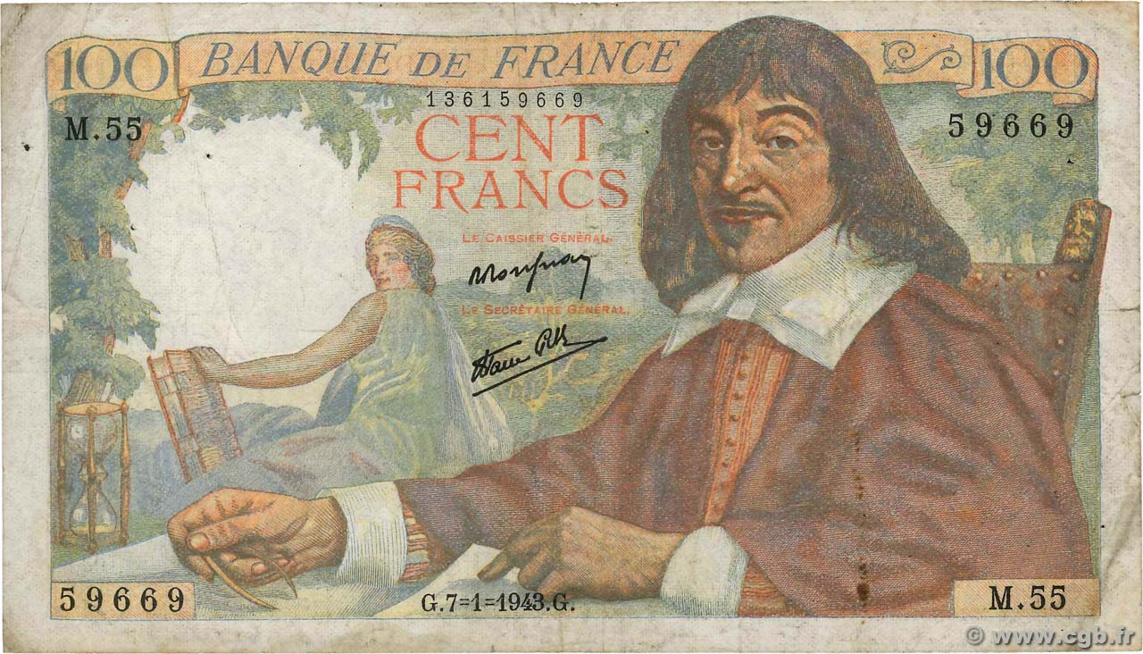 100 Francs DESCARTES FRANCE  1943 F.27.03 pr.TB